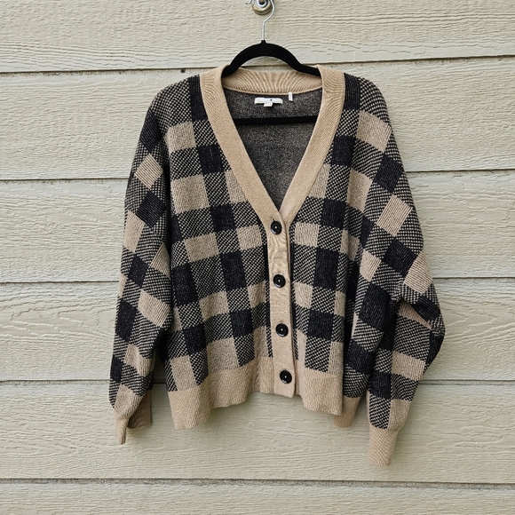 Barbour Glendevon Knit wool blend black and tan plaid boxy cardigan size 14 - Picture 1 of 5